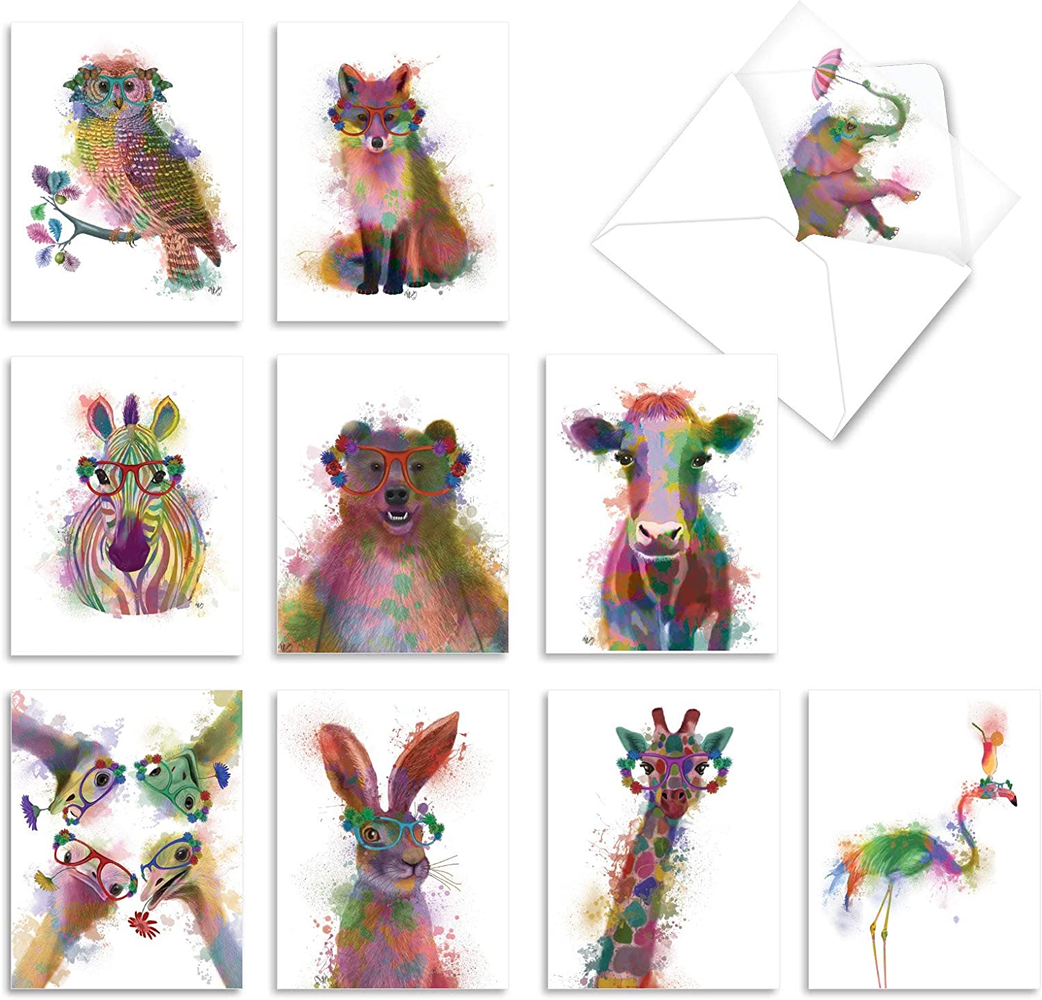230527224535396_1 The Best Card Company 10 Mixed Animals Watercolor Greeting Cards Blank with Envelopes Just Because - Image 1